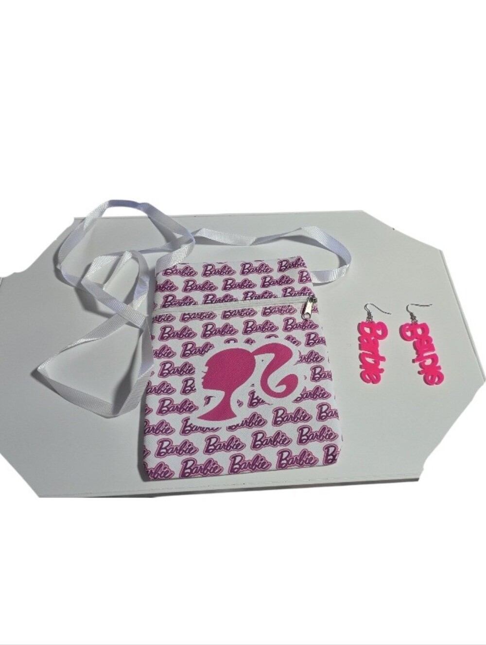 Barbie Pink and White Logo Crossbody with Pink Script Earrings